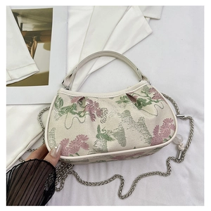 Detailed close-up of embroidered floral pattern on white crossbody bag with chain