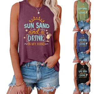 Women's Casual Cotton Blend Tank Top Sleeveless Round Neck Sun Sand Drink Print Summer Beach Vacation Loose Fit Vest Top