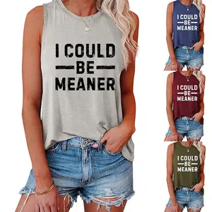 Women Tank Top Cotton Blend Sleeveless Round Neck Letter Print Casual Loose Fit Streetwear Fashion