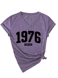 Detail of purple V-neck t-shirt featuring 1976 vintage print and stylish front knot design