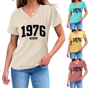 1976 Vintage Women V Neck Short Sleeve T-Shirt Retro Letter Print Loose Cotton Blend Hem Knot Top Summer Daily Casual Tee