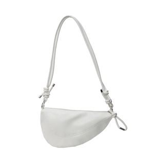 Minimalist white half-moon saddle bag with stylish knotted shoulder strap and silver metal caps