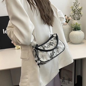 New Chinese style square bag with landscape embroidery and silver chain strap