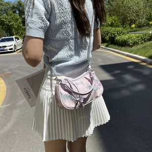 Elegant floral embroidery lavender crossbody bag with silver chain and bow detail