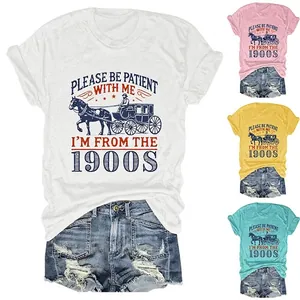 T-Shirt Femme Col Rond Manches Courtes Mélange Coton Imprimé Carrosse Vintage Graphique Drôle Haut Décontracté Ample