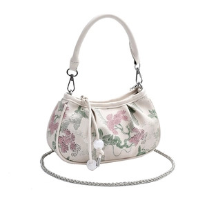 New Chinese style cream crossbody bag with floral embroidery and silver chain strap