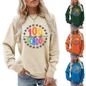 Women Cotton Pullover Sweatshirt 100 Days Of School Print Crew Neck Long Sleeve Casual School Theme