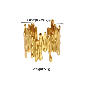 Detail of wide liquid metal open ring in gold finish showing 1.8cm diameter and 5.5g weight