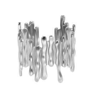 Minimalist silver fluid lava open bangle with polished geometric irregular molten design