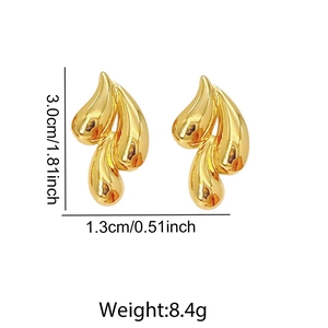 Polished golden stainless steel teardrop earrings with detailed size and weight specs