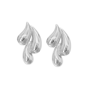 Polished silver stainless steel teardrop earrings with a fluid liquid metal aesthetic