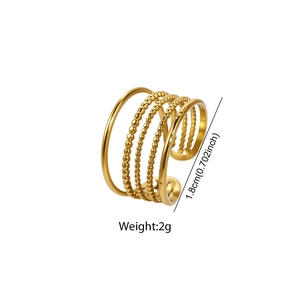 Adjustable multilayer gold open ring with beaded and smooth bands, 1.8cm diameter