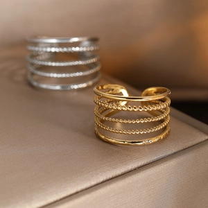 Adjustable geometric hollow stainless steel multi-layer open rings in gold and silver