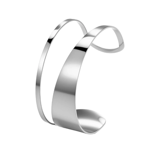 Polished silver stainless steel wide cuff bracelet with geometric hollow curve design