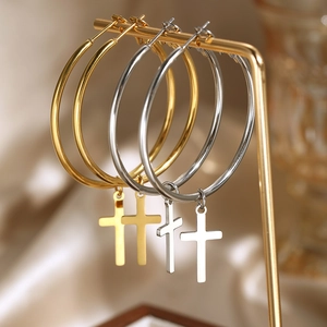 Large Round Hoop Earrings With Cross Dangle Stainless Steel Vacuum Plated Gothic Punk Style Jewelry For Men Women