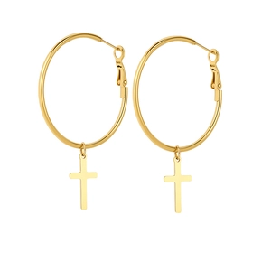 Detailed view of large gold hoop earrings with cross pendants in polished finish