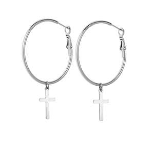Polished stainless steel hoop earrings with hanging cross pendants in silver tone