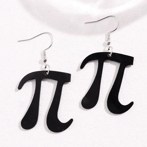 Detailed view of black Pi symbol earrings with silver hooks on white background