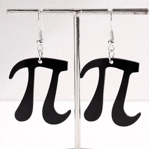 Minimalist black Pi symbol drop earrings with silver hooks for women on display