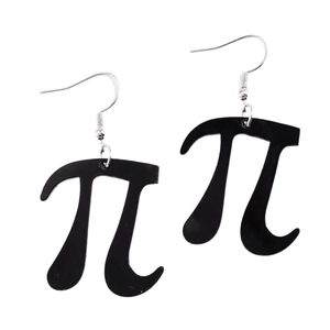 Minimalist black pi symbol dangle earrings with silver metal hooks on white background