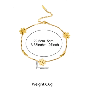 Gold stainless steel daisy anklet with beads, 22.5cm plus 5cm extender, 6.6g weight