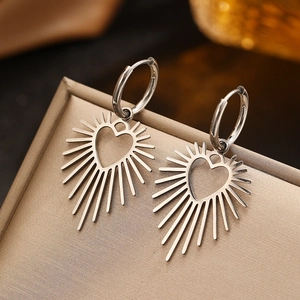Minimalist silver stainless steel hollow heart sunburst drop earrings for women