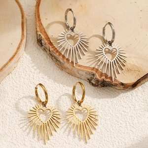 Stainless steel cut-out heart radiant sunburst drop earrings in gold and silver finish