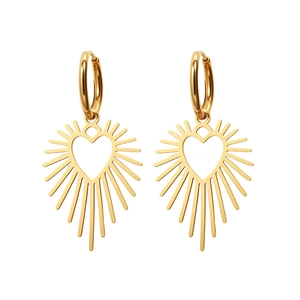 Gold hollow heart drop earrings with radiant sunburst lines on a clean white background
