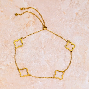 18K gold plated stainless steel anklet with hollow clover charms and adjustable slide clasp