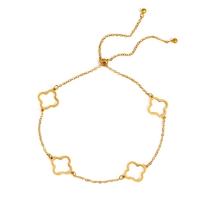 Adjustable 18K gold-plated stainless steel anklet with hollow clover charms and beads