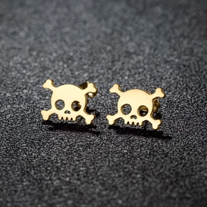 Punk style gold skull and crossbones stud earrings in polished stainless steel