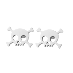 Detail of skull and crossbones stud earrings with brushed stainless steel finish