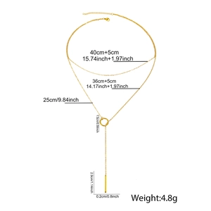 Gold layered Y-necklace with circular ring and rectangular pendant on white background