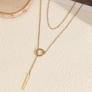 Minimalist double layer stainless steel necklace with circle and vertical bar pendants