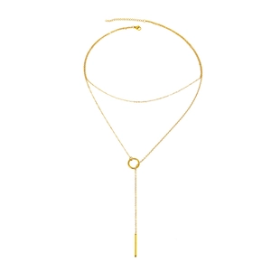 Minimalist double-layer stainless steel Y-necklace with round ring and bar pendant