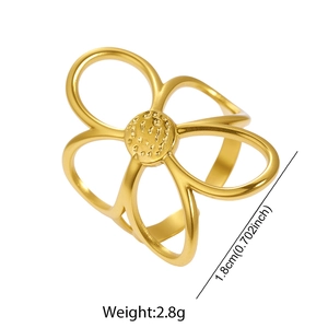 Détail d'une bague fleur ajourée dorée montrant son diamètre de 1,8 cm et son poids