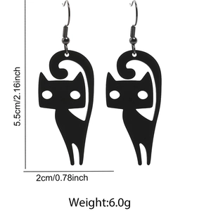 Detail view of lightweight black acrylic cat silhouette earrings with size measurements