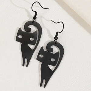 Minimalist black stainless steel cutout cat drop earrings with long tails and sleek design