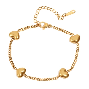 Golden stainless steel heart pendant bracelet with adjustable lobster clasp and O-chain link