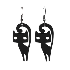 Creative black cat drop earrings in stainless steel with a unique hollow animal silhouette