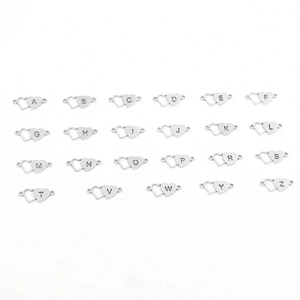 Polished silver double heart alphabet pendants set in stainless steel for DIY jewelry
