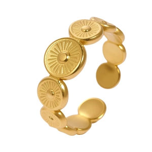 Detailed close-up of adjustable gold ring with radial sunburst pattern circles