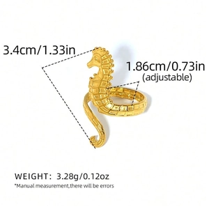 Adjustable seahorse open ring in gold plated stainless steel for beach vacation