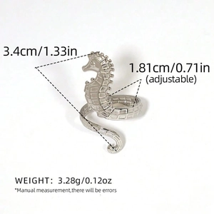 Seahorse open ring in silver finish stainless steel with textured sea life design