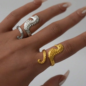 Seahorse Shape Open Ring Stainless Steel Ocean Theme Vacuum Gold Plated Adjustable Titanium Steel Animal Textured Jewelry For Women