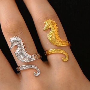 Adjustable seahorse wrap ring in gold and silver finish stainless steel for women