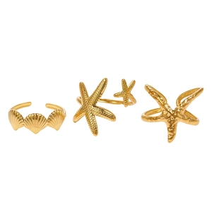 Close-up of a 3-piece ocean theme ring set featuring starfish and seashell designs