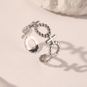 Anello aperto regolabile in acciaio inox argento con simboli femminili e perline