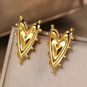 Stainless Steel Heart Stud Earrings 18K Gold Plated 3D Heart Shaped With Beaded Edge French Style Jewelry For Women