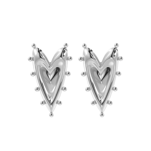 Polished silver heart stud earrings with bead edges in a French minimalist style